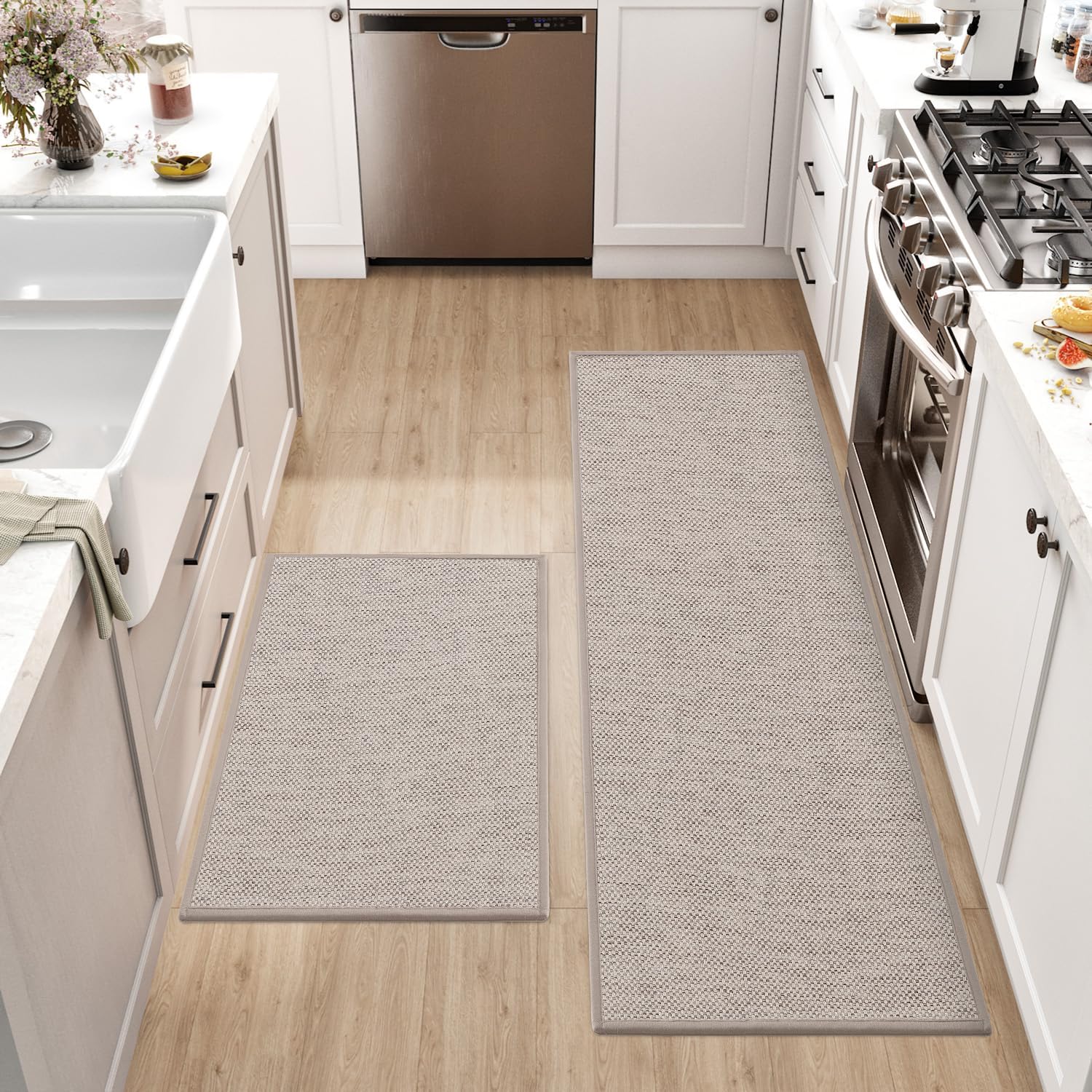 DEXI 2 Pieces Kitchen Mat, Kitchen Rug Set Non Slip Washable, Rubber Backed Long Kitchen Floor Mat, Carpet Runners Set for Hallways, Dining Room and Entrance, 43.5x75cm + 43.5x200cm, Beige-0