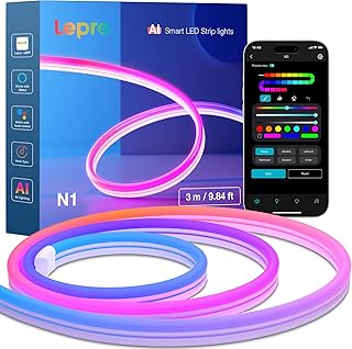 Lepro N1 AI Smart Neon Light Strip 3M, Voice & App Control, AI Generated Lighting LLM, Dotless LED Strip Work with Alexa & Google Home, Music Sync Gaming Lights, IP65 Waterproof, DIY Multiple Colors