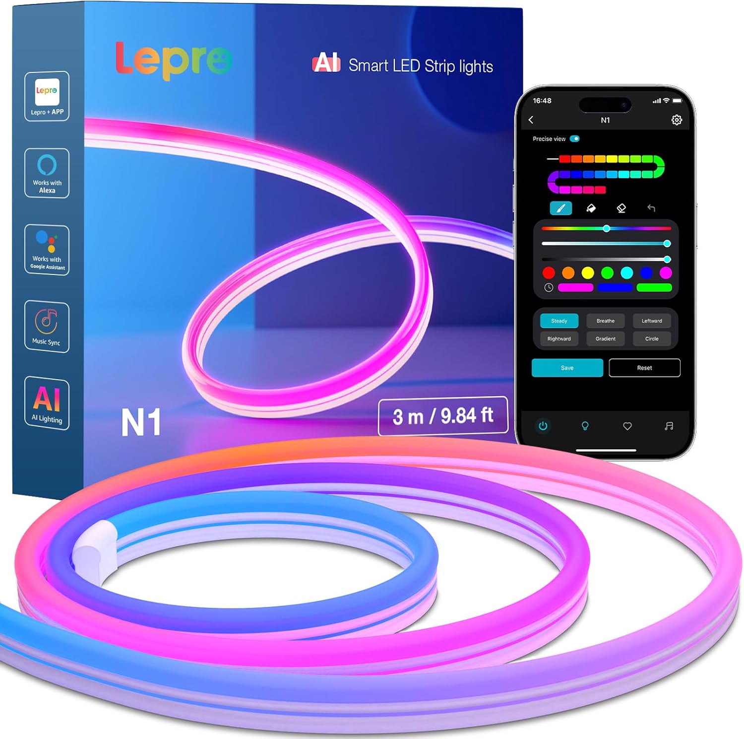 Lepro N1 AI Smart Neon Light Strip 3M, Voice & App Control, AI Generated Lighting LLM, Dotless LED Strip Work with Alexa & Google Home, Music Sync Gaming Lights, IP65 Waterproof, DIY Multiple Colors-0