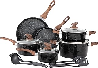 DishDelight 15 Piece Non-Stick Cookware Set, Nonstick Induction Granite-Coated Pots and Pans Set, Nonstick Saucepans Set, Black