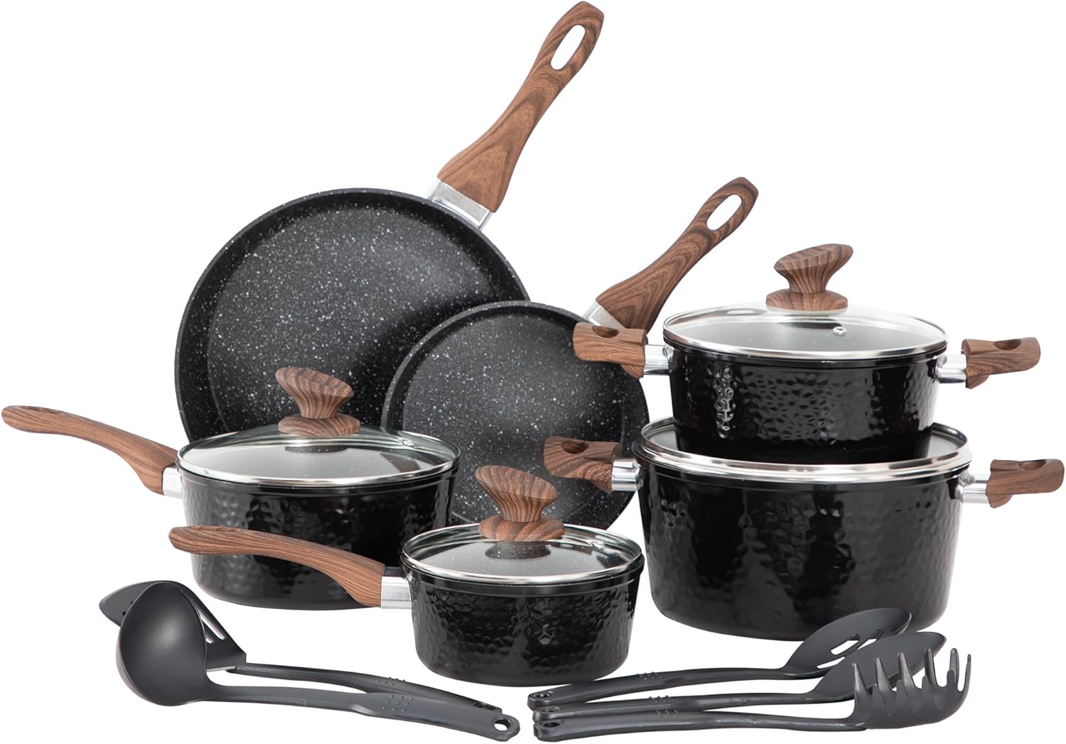 DishDelight 15 Piece Non-Stick Cookware Set, Nonstick Induction Granite-Coated Pots and Pans Set, Nonstick Saucepans Set, Black-0