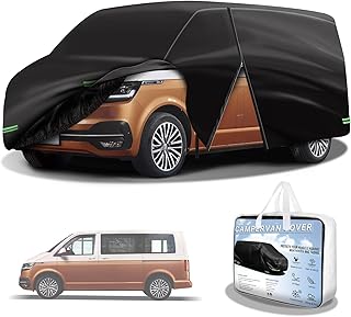 MaxEarn Full Car Cover for VW T5 T6, Black UV-Resistant Waterproof Car Full Protective Tarpaulin with Side Door Zips and Windbreak Belts, Full Cover for VW Transporter Motorhome