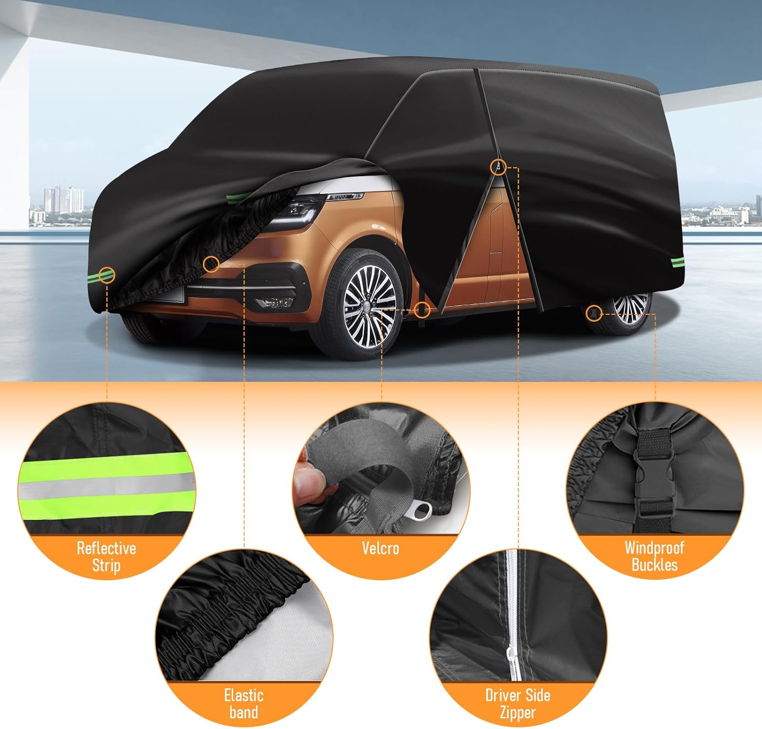 MaxEarn Full Car Cover for VW T5 T6, Black UV-Resistant Waterproof Car Full Protective Tarpaulin with Side Door Zips and Windbreak Belts, Full Cover for VW Transporter Motorhome-2