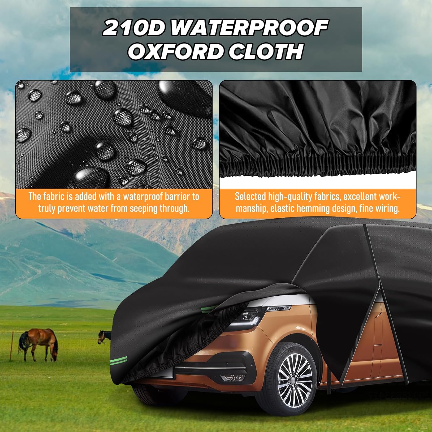 MaxEarn Full Car Cover for VW T5 T6, Black UV-Resistant Waterproof Car Full Protective Tarpaulin with Side Door Zips and Windbreak Belts, Full Cover for VW Transporter Motorhome-5