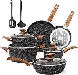 DishDelight 12 Piece Non-Stick Pots and Pans Set, Nonstick Induction Granite-Coated Cookware Set, Nonstick Saucepan Set, Black