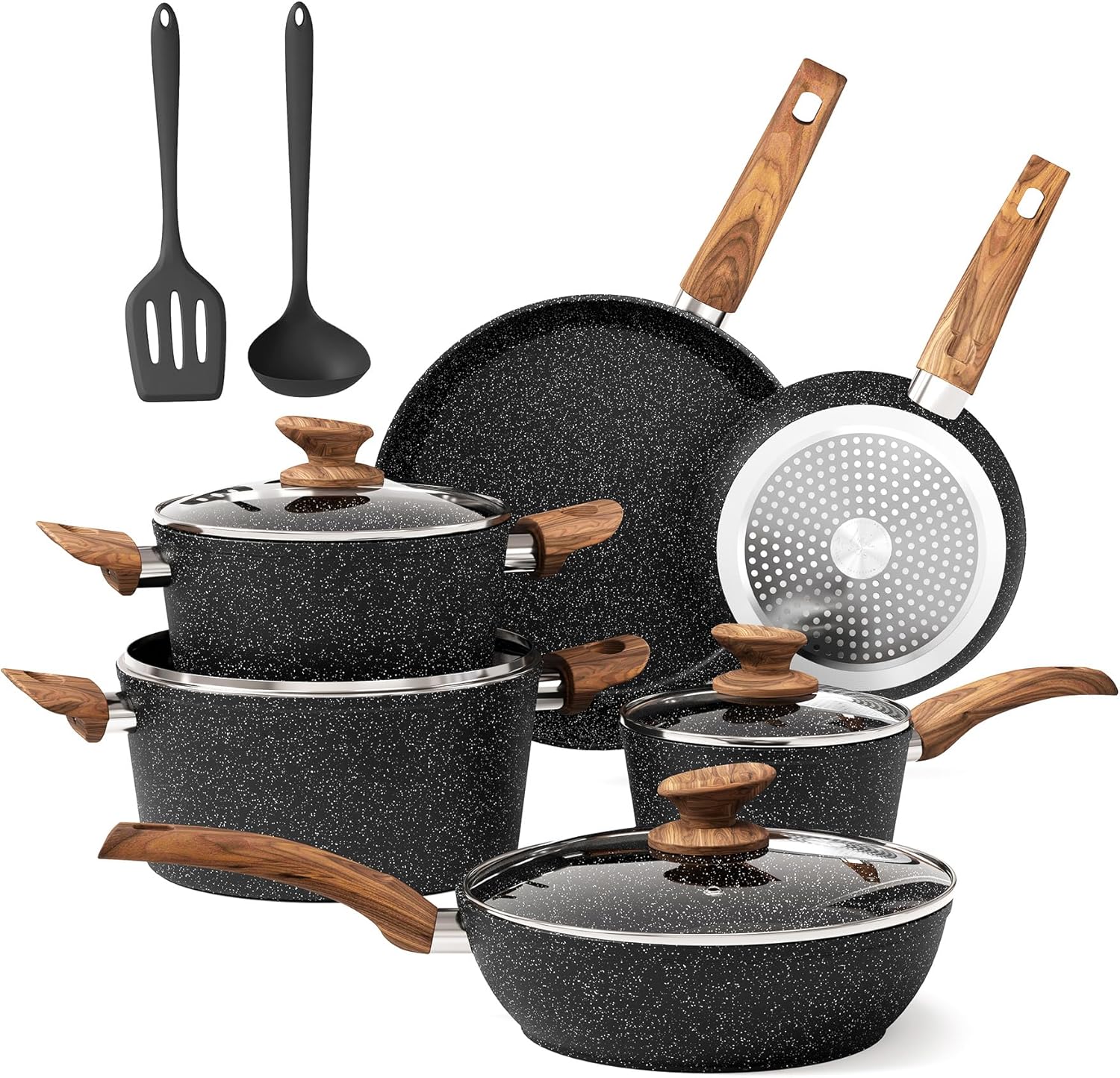 DishDelight 12 Piece Non-Stick Pots and Pans Set, Nonstick Induction Granite-Coated Cookware Set, Nonstick Saucepan Set, Black-0