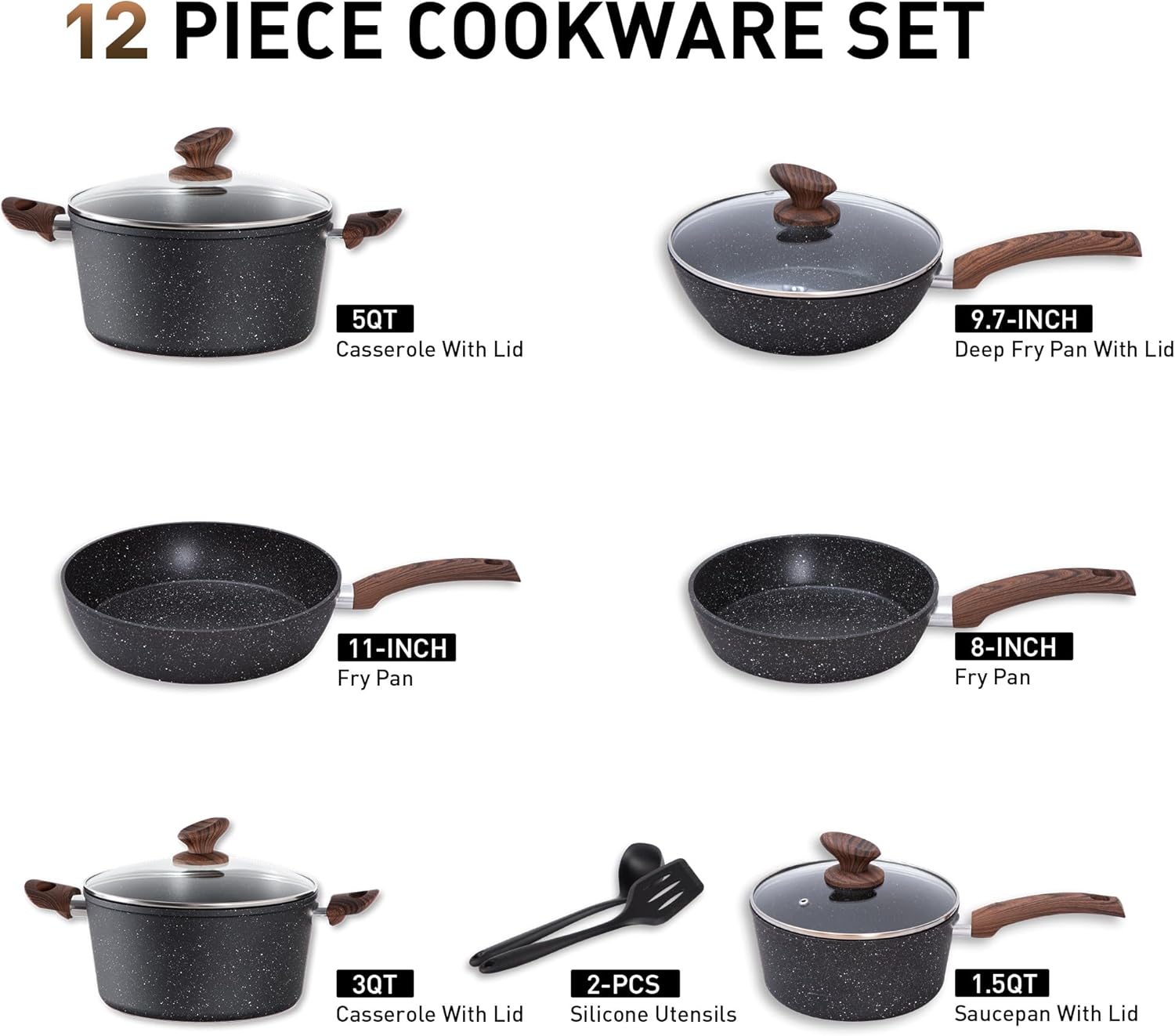 DishDelight 12 Piece Non-Stick Pots and Pans Set, Nonstick Induction Granite-Coated Cookware Set, Nonstick Saucepan Set, Black-1