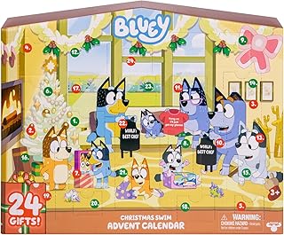 Bluey Christmas Swim Advent Calendar, This Very Festive Bluey Surprise Pack Has 24 Surprises Behind 24 Different Windows, Includes 3 Christmas Swim Figures, 18 Accessories and 3 Stickers to Reveal