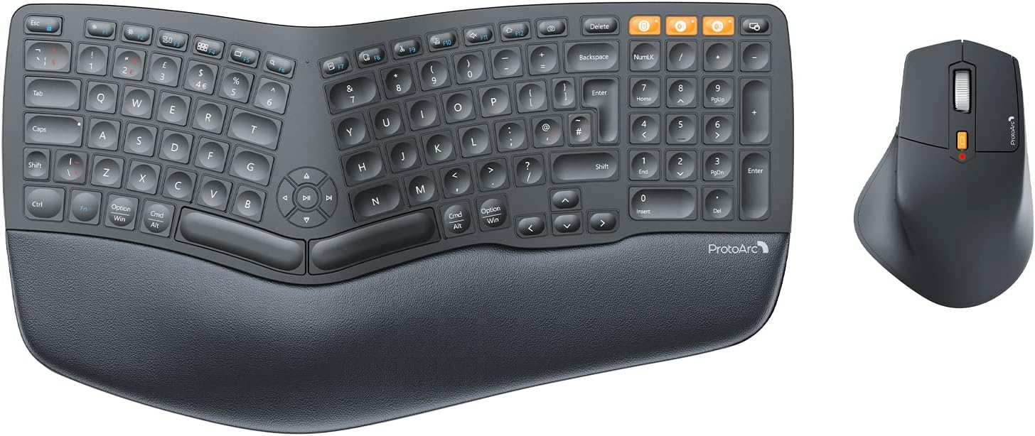 ProtoArc EKM01 Ergonomic Wireless Keyboard and Mouse, Ergo Bluetooth Keyboard and Mouse Combo, Split Design, Palm Rest, Multi-Device, QWERTY UK Layout, Windows/Mac/Android-0