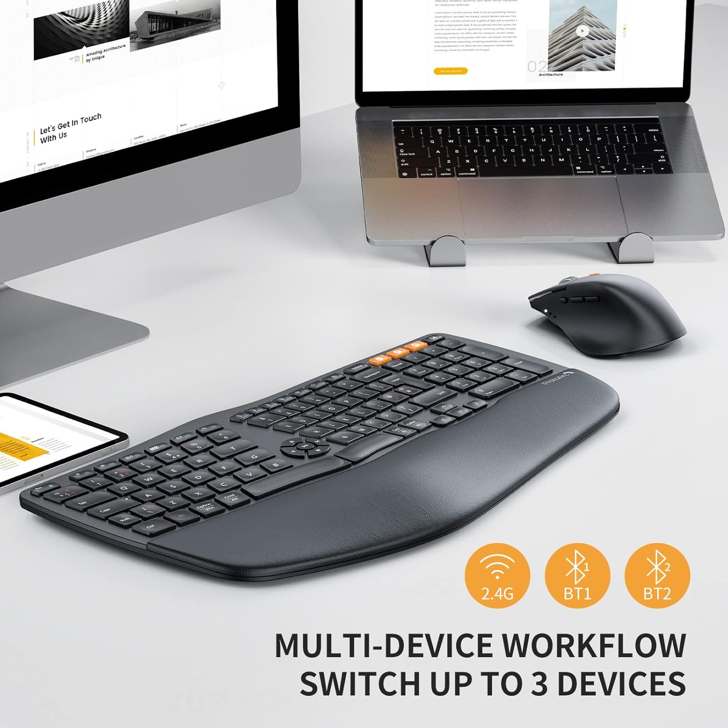 ProtoArc EKM01 Ergonomic Wireless Keyboard and Mouse, Ergo Bluetooth Keyboard and Mouse Combo, Split Design, Palm Rest, Multi-Device, QWERTY UK Layout, Windows/Mac/Android-4