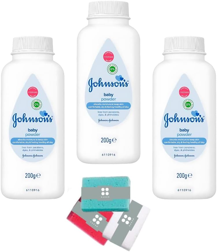 Johnson's Newborn Essentials with Our 3-Pack Baby Talc 200g Bundled with 1pc of SAESR Sponge. Dermatologist Tested New Born Baby Essentials and Baby Products for Baby's Delicate Skin.-0