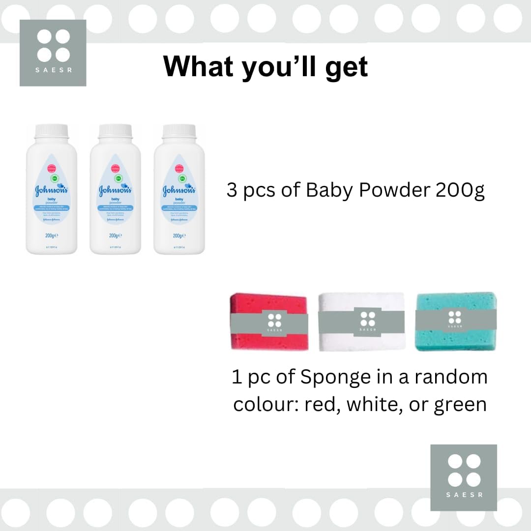 Johnson's Newborn Essentials with Our 3-Pack Baby Talc 200g Bundled with 1pc of SAESR Sponge. Dermatologist Tested New Born Baby Essentials and Baby Products for Baby's Delicate Skin.-1