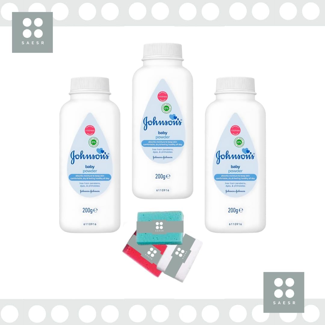 Johnson's Newborn Essentials with Our 3-Pack Baby Talc 200g Bundled with 1pc of SAESR Sponge. Dermatologist Tested New Born Baby Essentials and Baby Products for Baby's Delicate Skin.-2