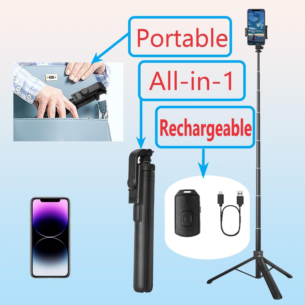 66"Selfie Stick Tripod for Cellphone&Cameras,All-in-1 Phone Tripod with Rechargeable Remote Control and Rotate Phone Holder, for Photograph, Live Streaming, Video Recording. (black)-1