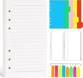 Koogel A6 Refills Lined Paper Set, 100 sheets/200 Pages Loose Leaf Paper with PVC Pockets Index Tabs Binder Dividers for School Office