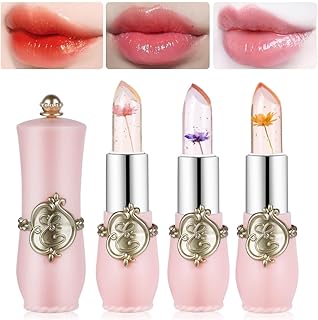 LOPHE Clear Flower Jelly Lipstick, 3Pcs Magic Temperature Color Change Lip Balm, Long Lasting Moisturizing Lip Gloss Set, Nutritious Crystal Lip Stick Makeup Set, Great Gift for Women and Girl