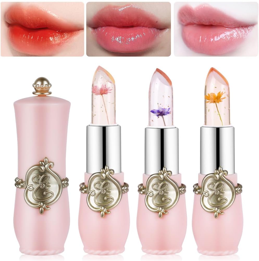 LOPHE Clear Flower Jelly Lipstick, 3Pcs Magic Temperature Color Change Lip Balm, Long Lasting Moisturizing Lip Gloss Set, Nutritious Crystal Lip Stick Makeup Set, Great Gift for Women and Girl-0