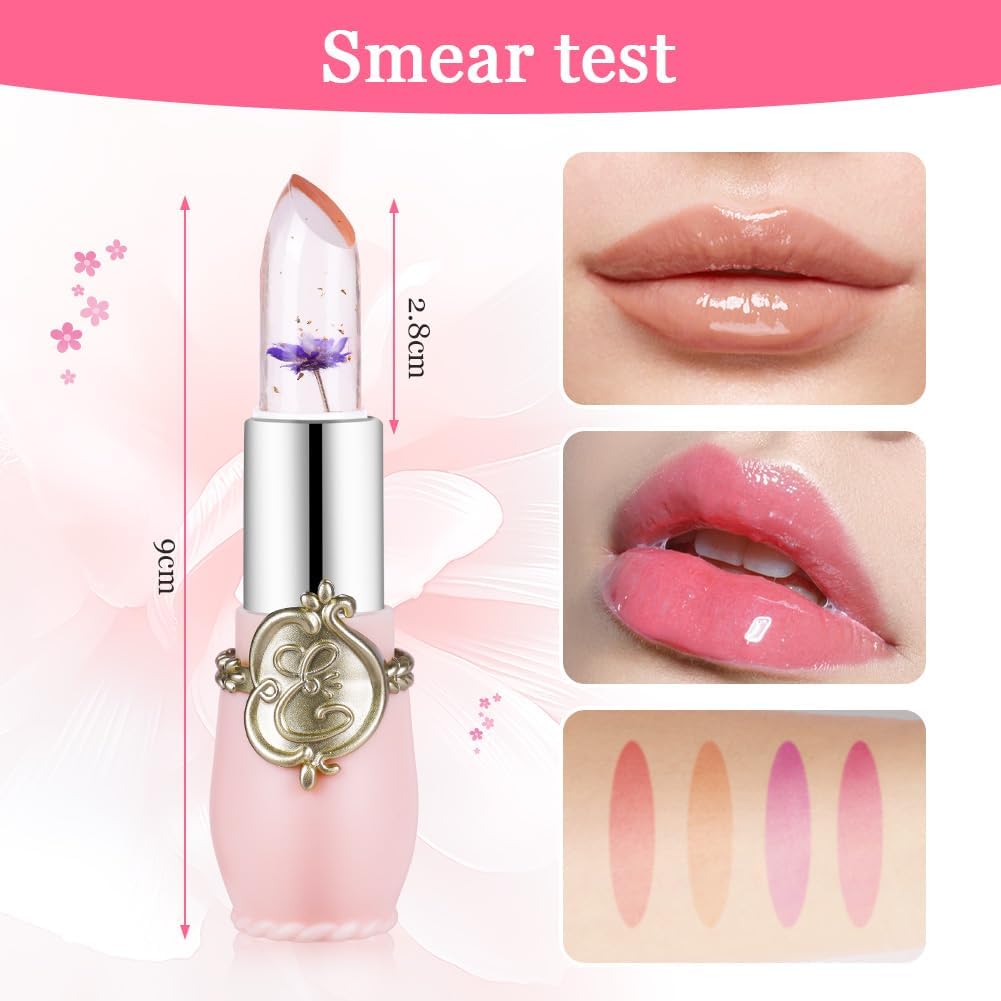 LOPHE Clear Flower Jelly Lipstick, 3Pcs Magic Temperature Color Change Lip Balm, Long Lasting Moisturizing Lip Gloss Set, Nutritious Crystal Lip Stick Makeup Set, Great Gift for Women and Girl-1