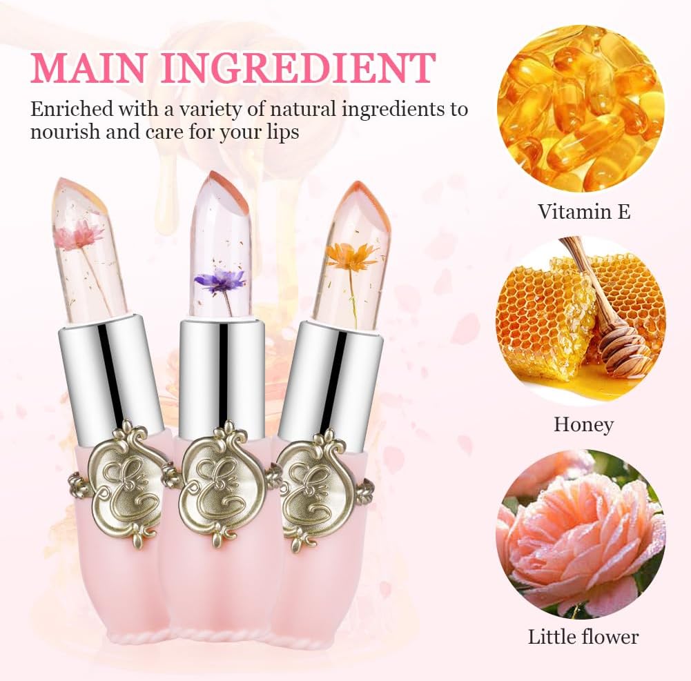 LOPHE Clear Flower Jelly Lipstick, 3Pcs Magic Temperature Color Change Lip Balm, Long Lasting Moisturizing Lip Gloss Set, Nutritious Crystal Lip Stick Makeup Set, Great Gift for Women and Girl-3