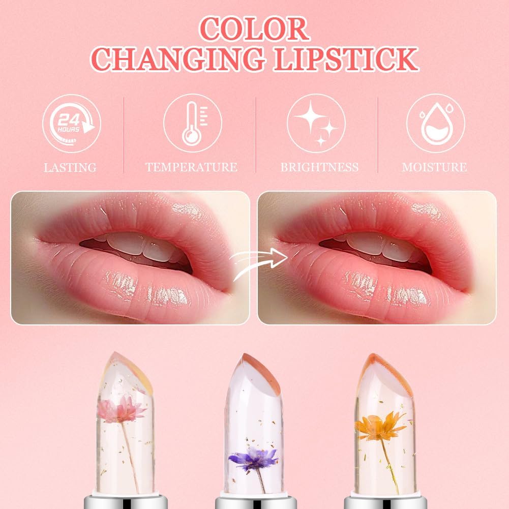 LOPHE Clear Flower Jelly Lipstick, 3Pcs Magic Temperature Color Change Lip Balm, Long Lasting Moisturizing Lip Gloss Set, Nutritious Crystal Lip Stick Makeup Set, Great Gift for Women and Girl-5