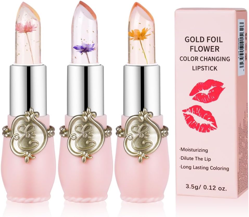 LOPHE Clear Flower Jelly Lipstick, 3Pcs Magic Temperature Color Change Lip Balm, Long Lasting Moisturizing Lip Gloss Set, Nutritious Crystal Lip Stick Makeup Set, Great Gift for Women and Girl-8