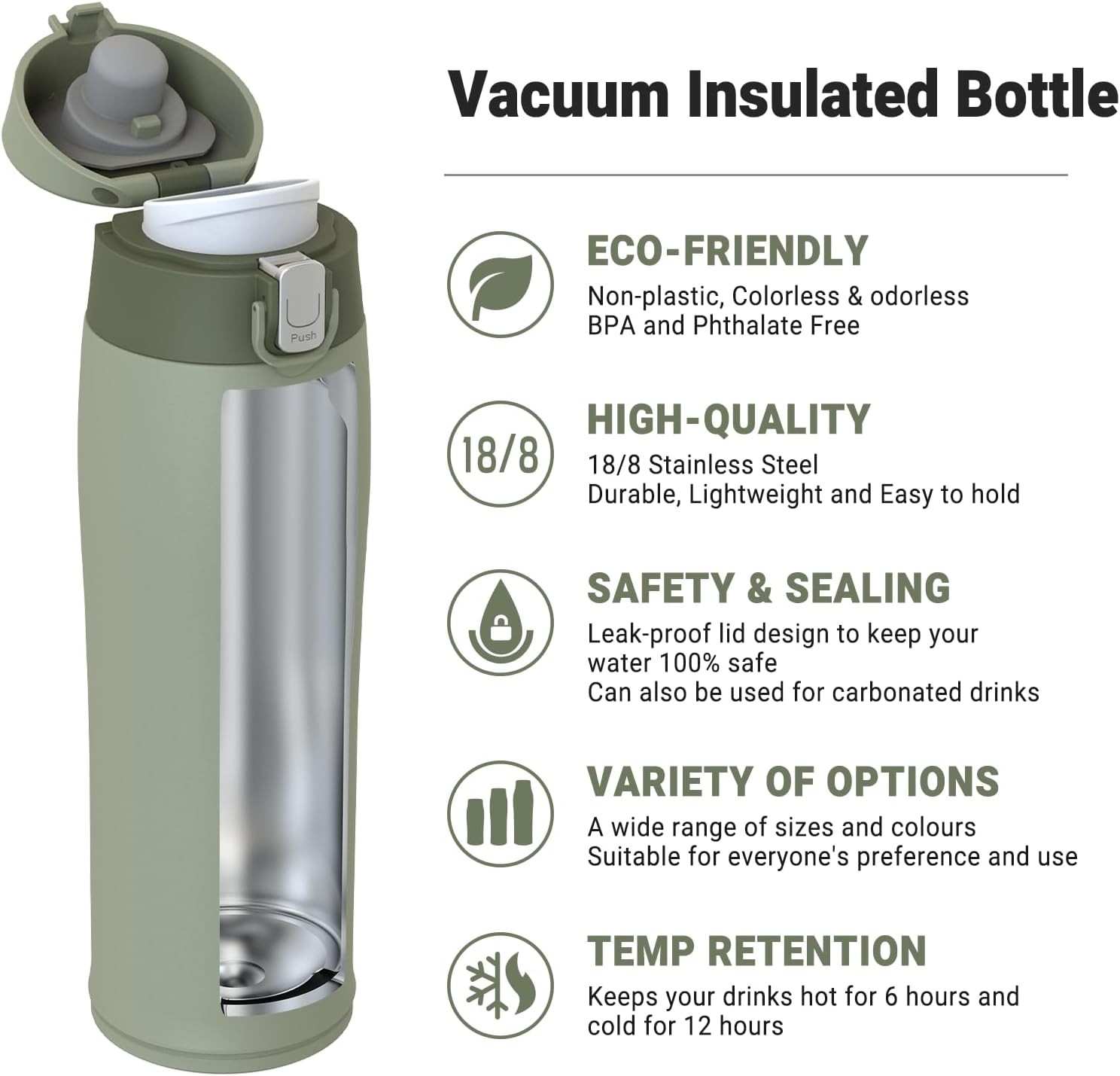 AORIN 18/8 Stainless Steel Water Bottle, 350ml/500ml/750ml, Travel Cup, BPA Free, Leakproof Drinks Bottle, Vacuum Insulated Metal Water Bottles, Portable Flask for Fitness, Gym, Camping, Sports-1