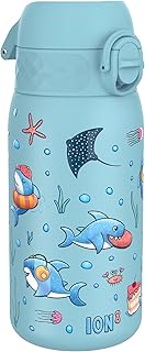 Ion8 Stainless Steel Water Bottle (350ml) Leakproof Drinking Bottle, Triple Lock Lid Prevent Spills & Hide Away Handle, Dishwasher Safe & Straw Compatible, Slimline Design for Backpacks, Sharks