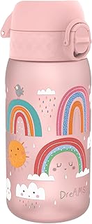 Ion8 Kids Water Bottles, BPA Free, Leakproof, Dishwasher Safe, Easy Open, Secure Lock, Small Boys & Girls Water Bottle,Kids Drinks Bottle for Spill-free Drinking, Light Pink, Rainbows, 350ml/12oz