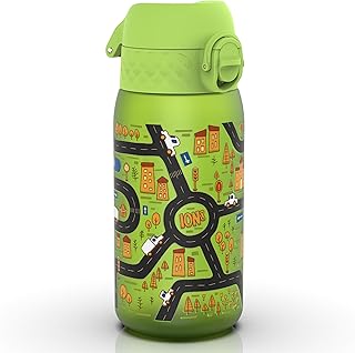 Ion8 Kids Water Bottles, BPA Free, Leakproof, Dishwasher Safe, Easy Open, Secure Lock, Small Boys & Girls Water Bottle,Kids Drinks Bottle for Spill-free Drinking, Green, Auto Cars Drive, 350ml/12oz