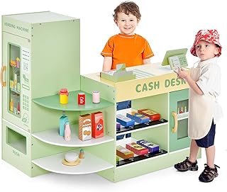 GYMAX Kids Grocery Store, Wooden Market Play Shop with Checkout Counter, POS Machine, Vending Machine & 13 Play Food, Children Supermarket Playset for 3-8 Year Old Girls Boys (Green)