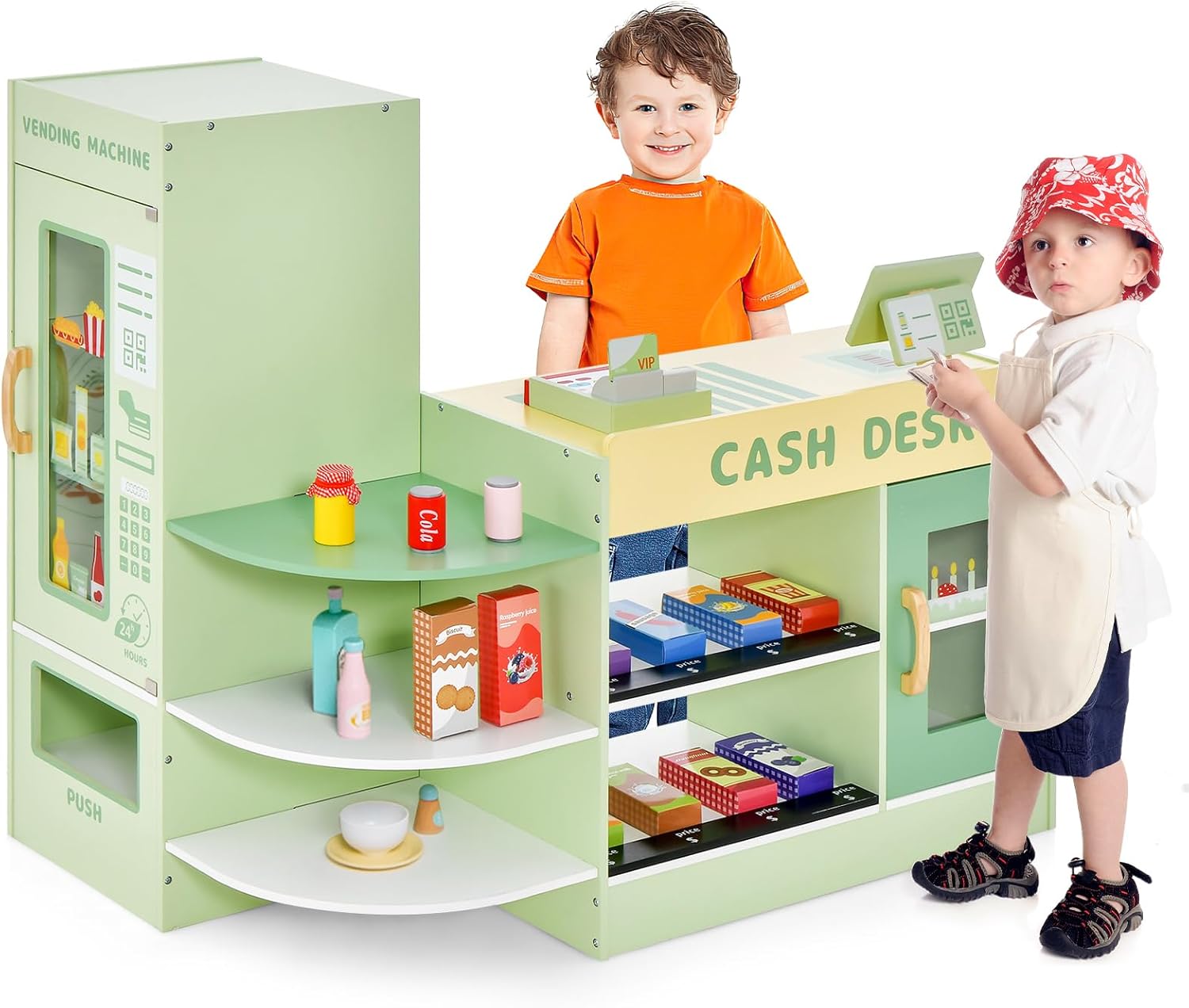 GYMAX Kids Grocery Store, Wooden Market Play Shop with Checkout Counter, POS Machine, Vending Machine & 13 Play Food, Children Supermarket Playset for 3-8 Year Old Girls Boys (Green)-0