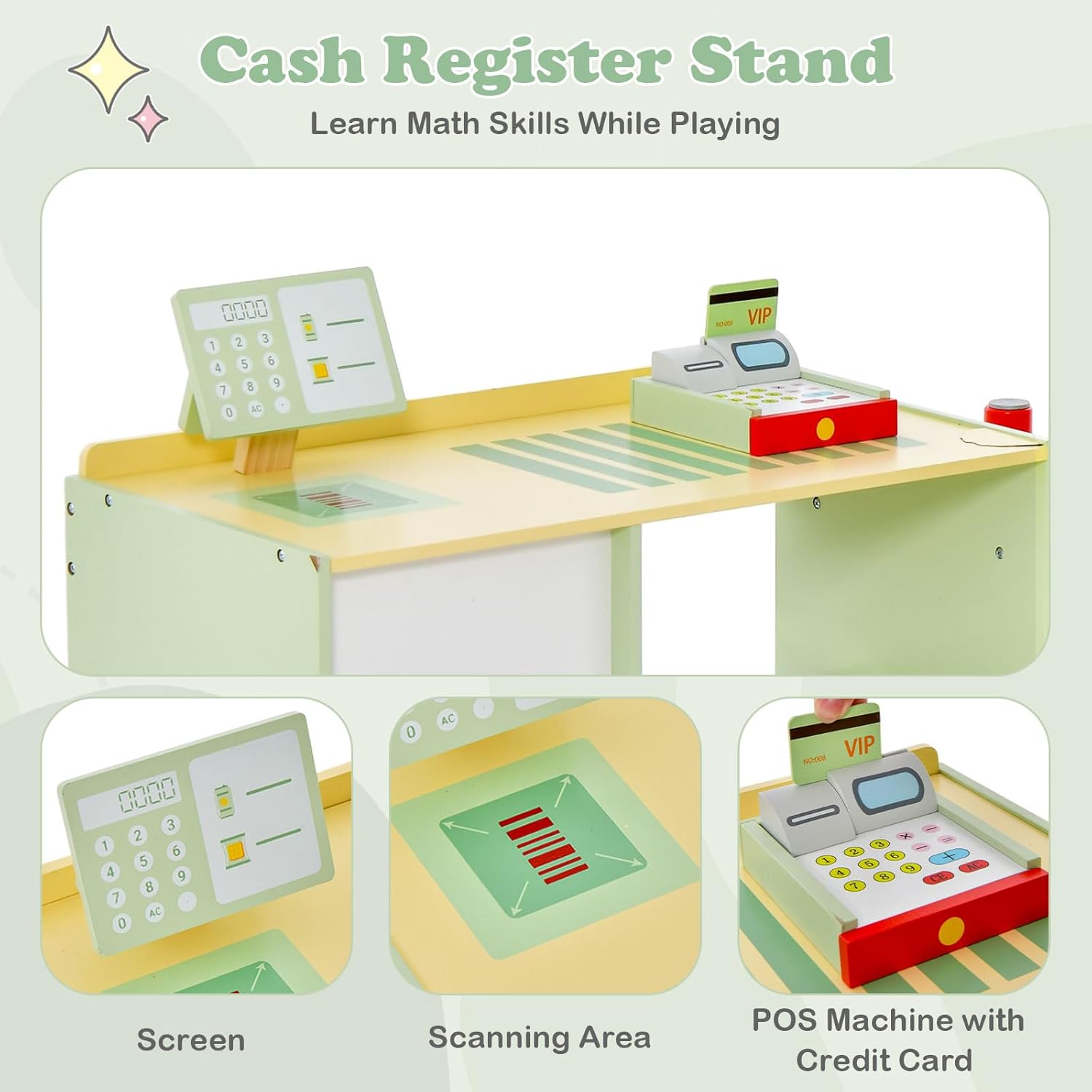 GYMAX Kids Grocery Store, Wooden Market Play Shop with Checkout Counter, POS Machine, Vending Machine & 13 Play Food, Children Supermarket Playset for 3-8 Year Old Girls Boys (Green)-2