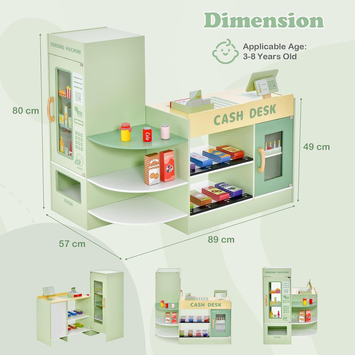 GYMAX Kids Grocery Store, Wooden Market Play Shop with Checkout Counter, POS Machine, Vending Machine & 13 Play Food, Children Supermarket Playset for 3-8 Year Old Girls Boys (Green)-5