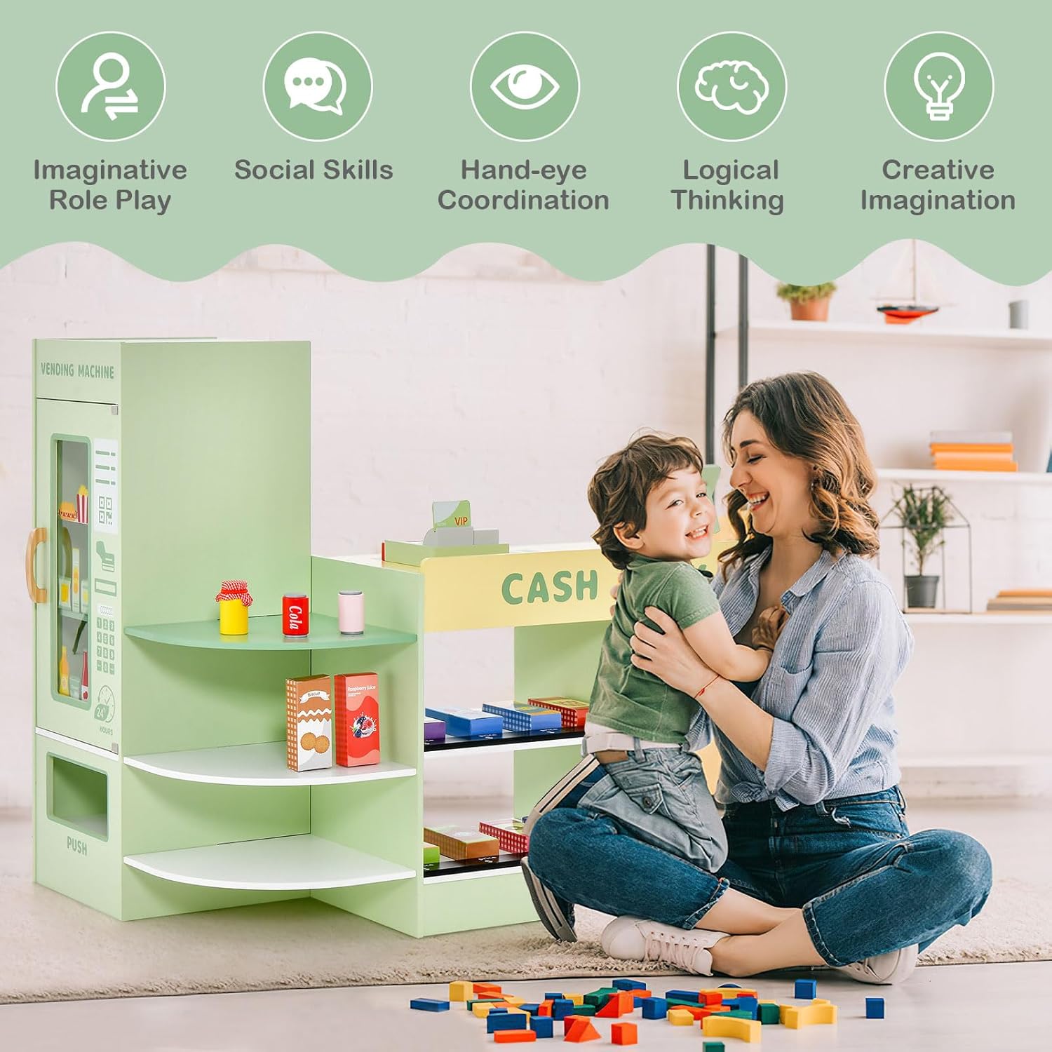 GYMAX Kids Grocery Store, Wooden Market Play Shop with Checkout Counter, POS Machine, Vending Machine & 13 Play Food, Children Supermarket Playset for 3-8 Year Old Girls Boys (Green)-8