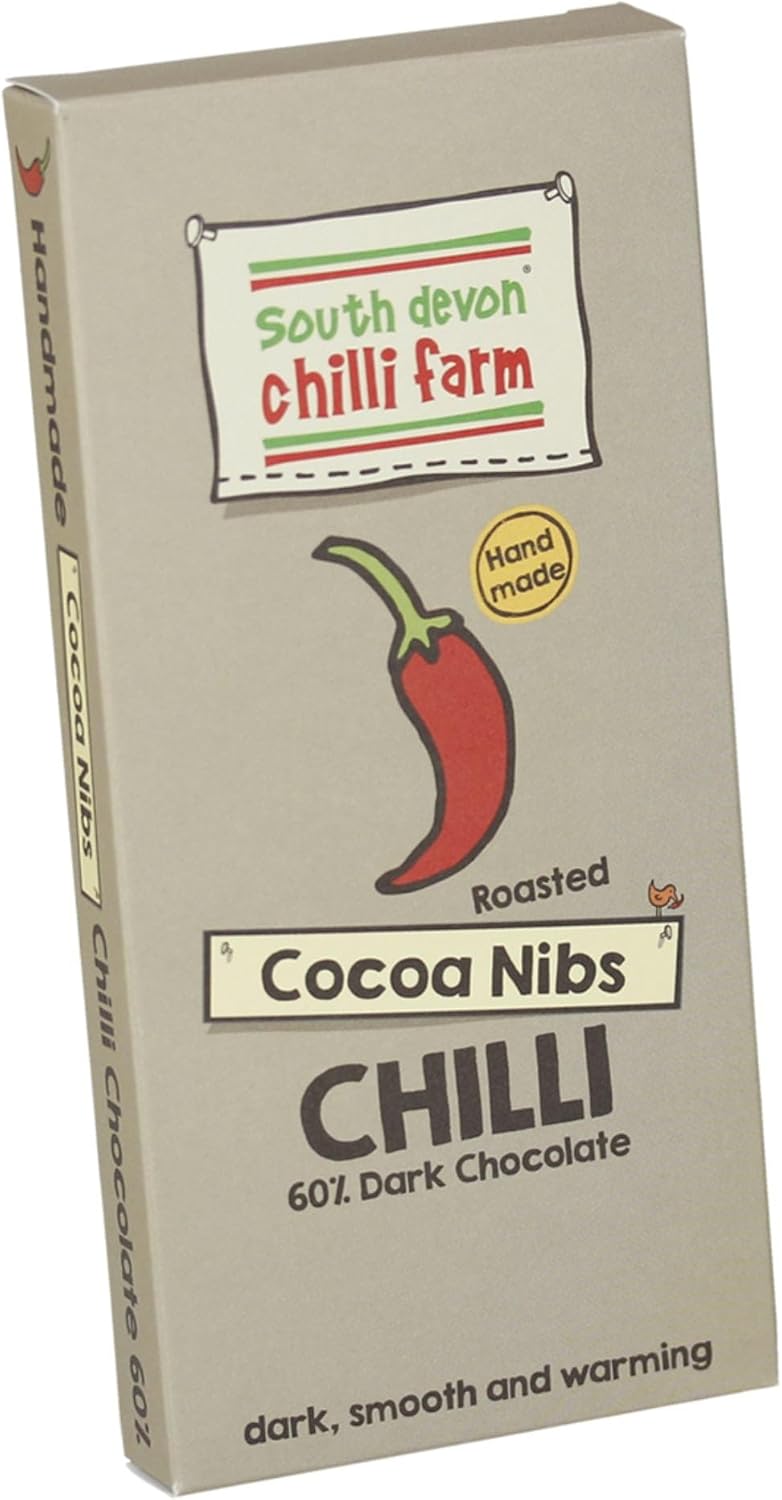 South Devon Chilli Farm Roasted Cocoa Nibs Chilli Chocolate - Delicious 60% Dark Belgian Chocolate Combined With Homegrown Chillies - Dark, Smooth & Warming - Gift Present for Him or Her - 80g Bar-0