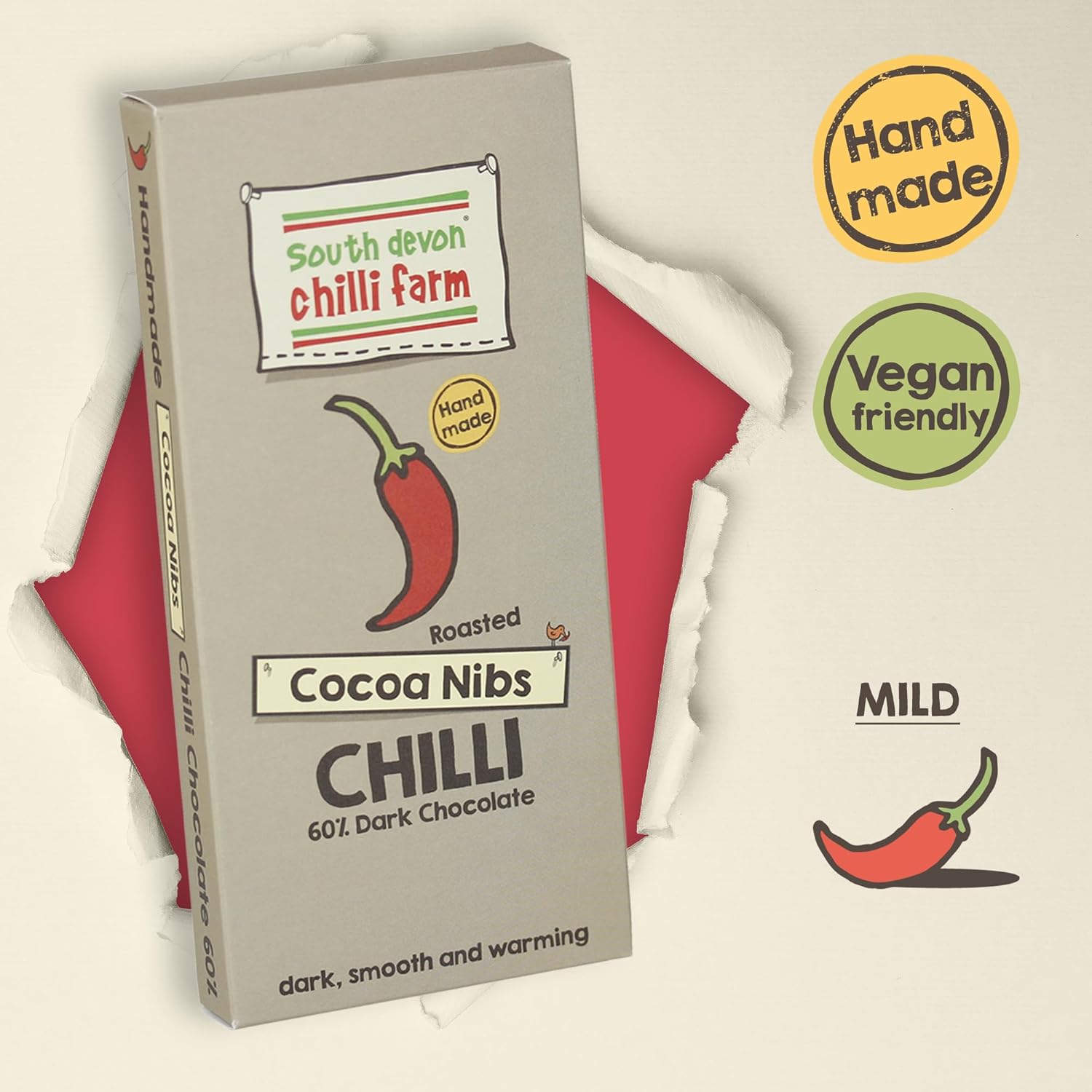 South Devon Chilli Farm Roasted Cocoa Nibs Chilli Chocolate - Delicious 60% Dark Belgian Chocolate Combined With Homegrown Chillies - Dark, Smooth & Warming - Gift Present for Him or Her - 80g Bar-1