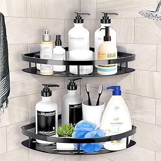 VAKOWOO Shower Caddy Corner, 2 Pack Shower Shelf Organiser No Drilling, Rustproof Self-Adhesive Bathroom Shower Storage Rack Wall Mounted, Black Bathroom Accessories for Bathroom, Kitchen, Toilet