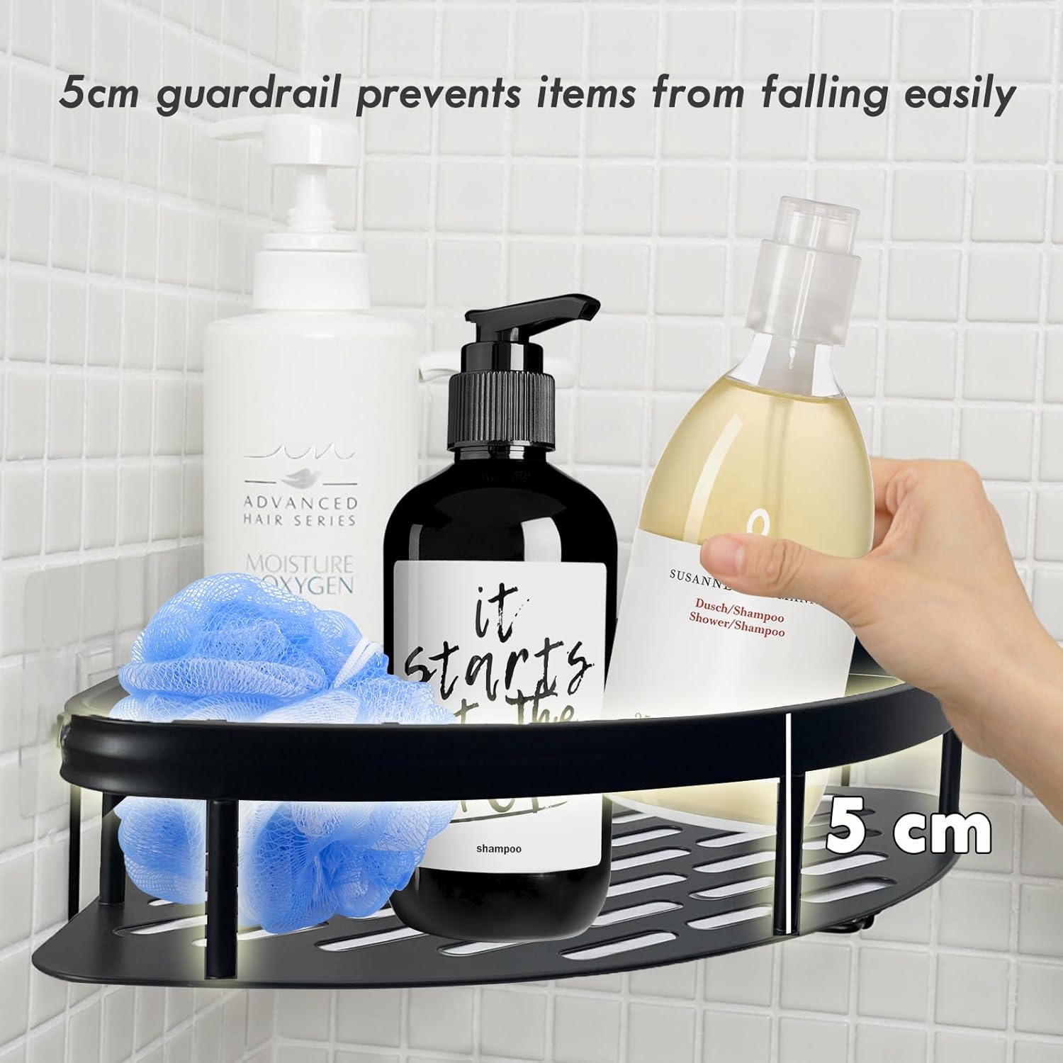 VAKOWOO Shower Caddy Corner, 2 Pack Shower Shelf Organiser No Drilling, Rustproof Self-Adhesive Bathroom Shower Storage Rack Wall Mounted, Black Bathroom Accessories for Bathroom, Kitchen, Toilet-5