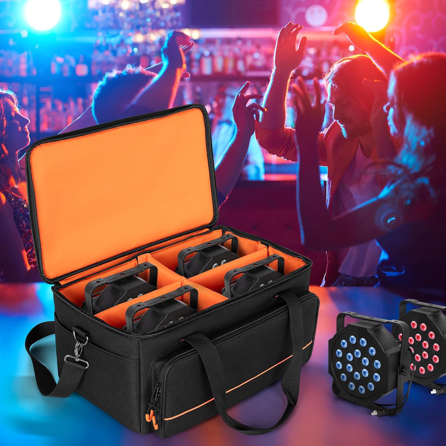 Luxja Padded Par Light Bag Fits 4 Par Lights, Par Light Case with Inner Divider and Accessory Pockets, Black-7