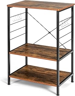 TANGZON 3-Tier Kitchen Baker's Rack, Metal Frame Microwave Oven Stand with 10 S-Hooks, Metal Bars & Adjustable Foot Pads, Utility Storage Shelves Unit for Home Dining Living Room, Rustic Brown