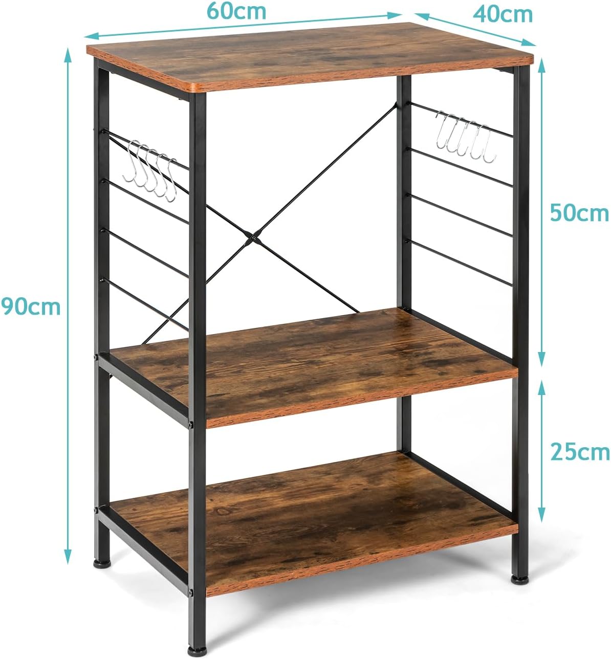 TANGZON 3-Tier Kitchen Baker's Rack, Metal Frame Microwave Oven Stand with 10 S-Hooks, Metal Bars & Adjustable Foot Pads, Utility Storage Shelves Unit for Home Dining Living Room, Rustic Brown-2