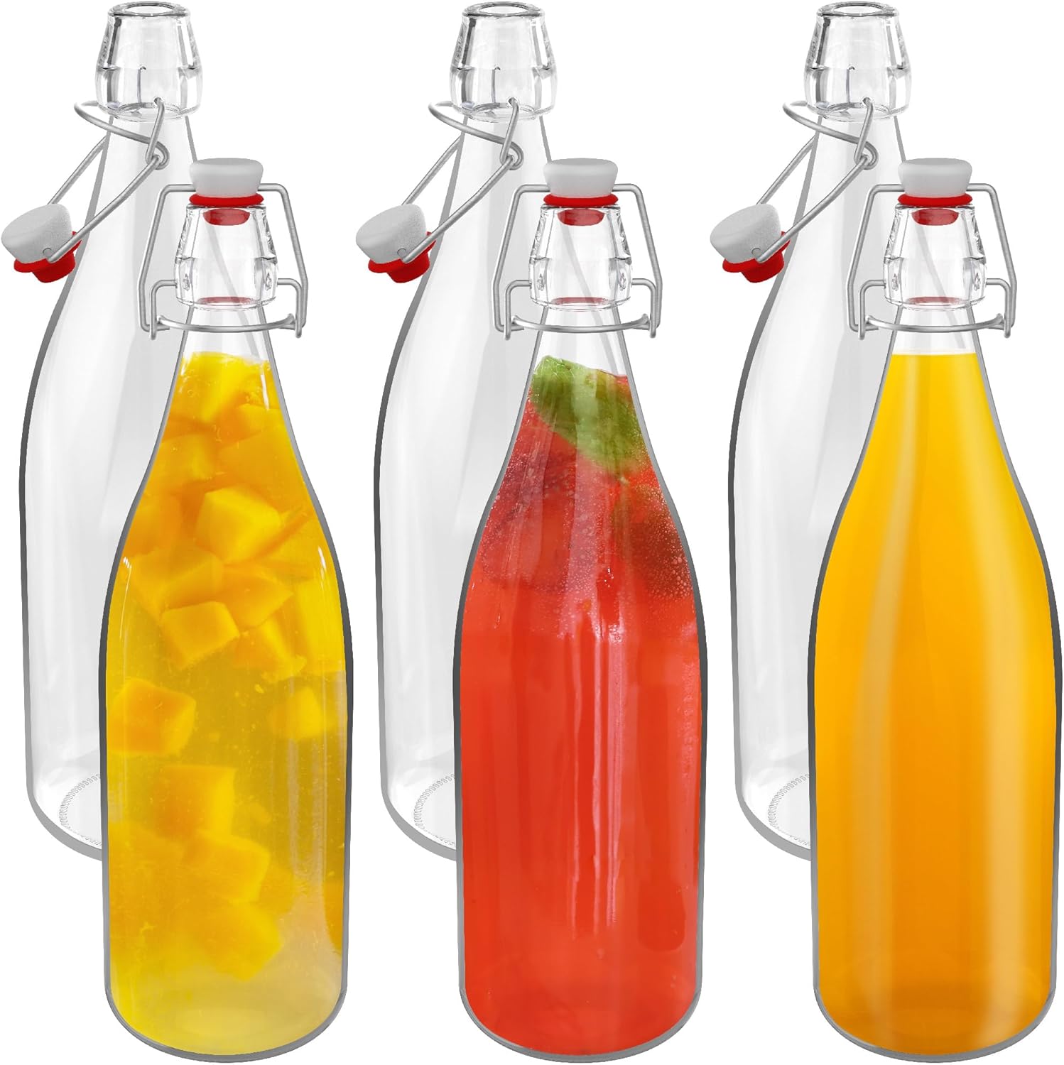 HEFTMAN Glass Bottles with Stoppers - 1 Litre 6 Pack Clear Swing Top Bottles for Beer Brewing with Airtight Stoppers for Wine, Condiments, Beverages, Oil, Vinegar, Kombucha & Water - 6 PCS (1 Litre)-0