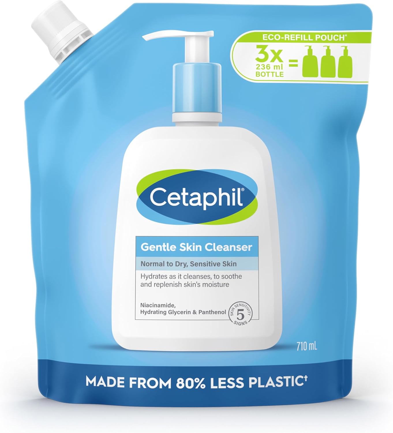 Cetaphil Gentle Skin Cleanser Eco Refill Pouch, 710ml, Face & Body Wash, for Normal to Dry Sensitive Skin, Soap Free with Niacinamide-0