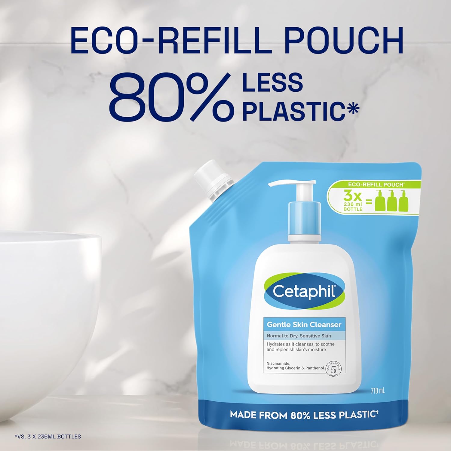 Cetaphil Gentle Skin Cleanser Eco Refill Pouch, 710ml, Face & Body Wash, for Normal to Dry Sensitive Skin, Soap Free with Niacinamide-1