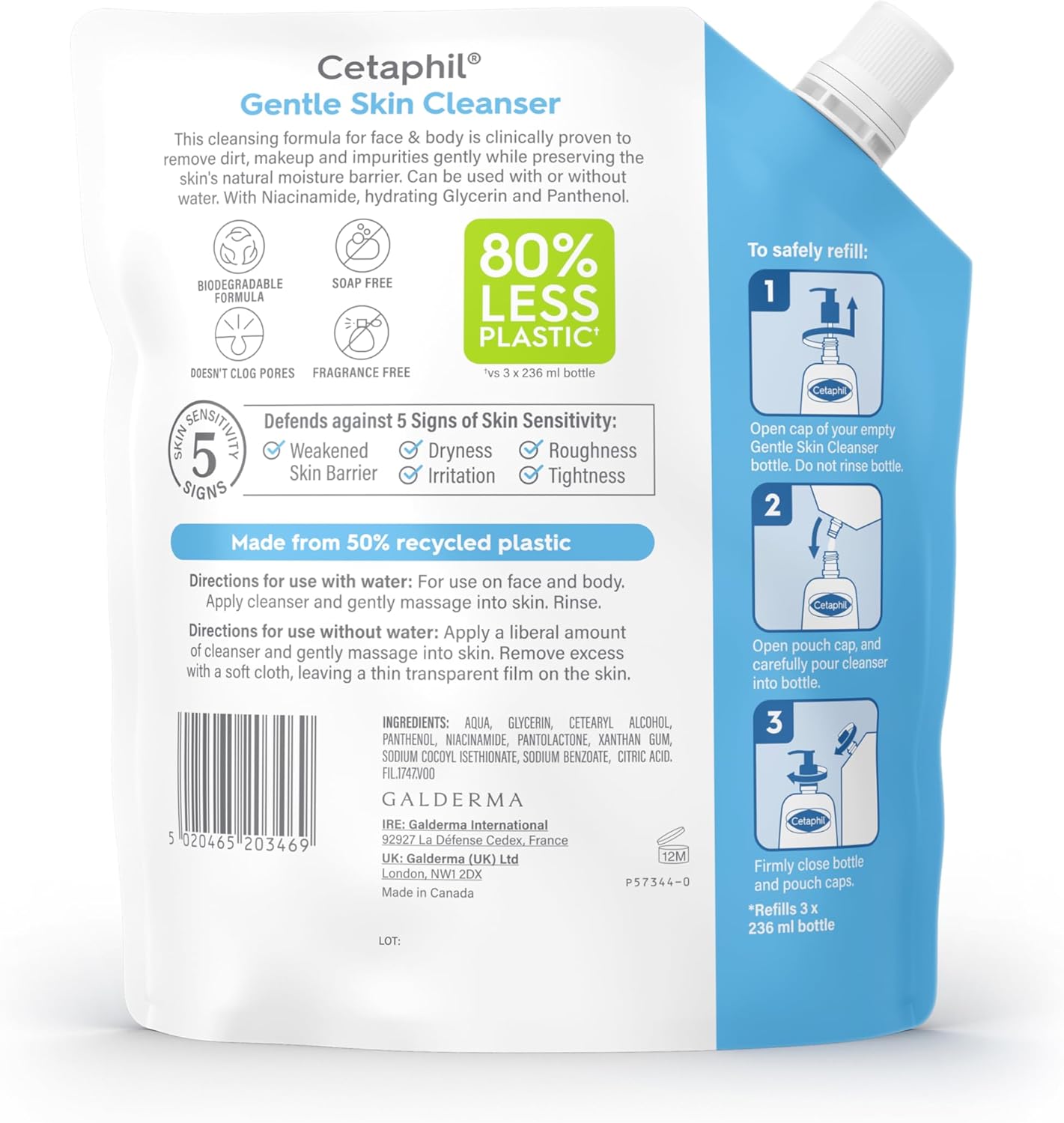 Cetaphil Gentle Skin Cleanser Eco Refill Pouch, 710ml, Face & Body Wash, for Normal to Dry Sensitive Skin, Soap Free with Niacinamide-10