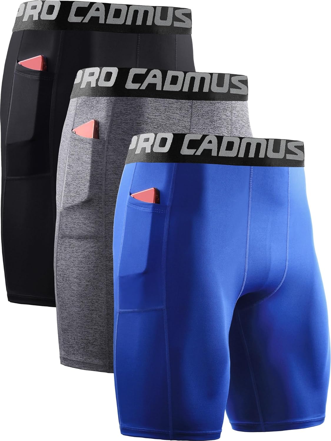 Cadmus 3 Pack Men Compression Gym Running Sports Underwear Base Layer Shorts with Side Pockets-0