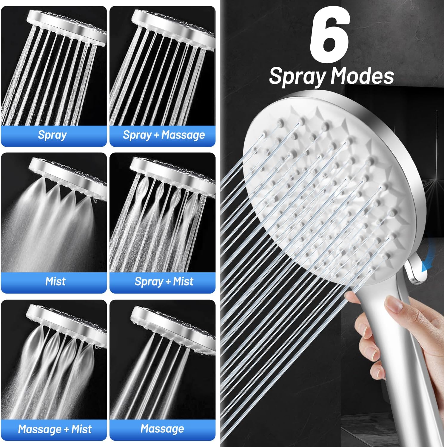 VEHHE Shower Head with 6 Spray Modes, Large Shower Head Round One-Hand Operation, Shower Head High Pressure with Anti-Clogging Silicone Nozzle, Universal Power Shower Head Handheld for Home Gym Spa-2