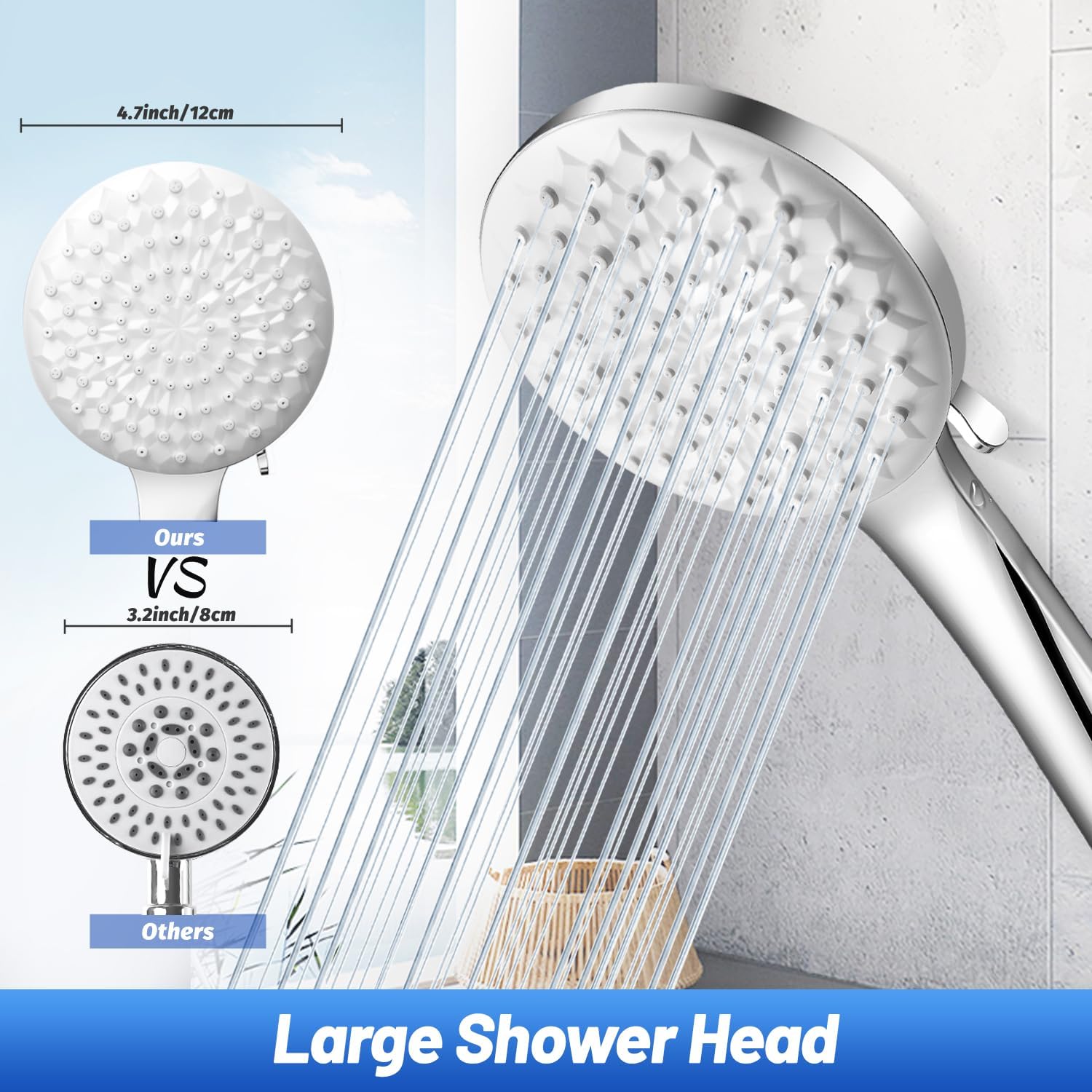 VEHHE Shower Head with 6 Spray Modes, Large Shower Head Round One-Hand Operation, Shower Head High Pressure with Anti-Clogging Silicone Nozzle, Universal Power Shower Head Handheld for Home Gym Spa-3