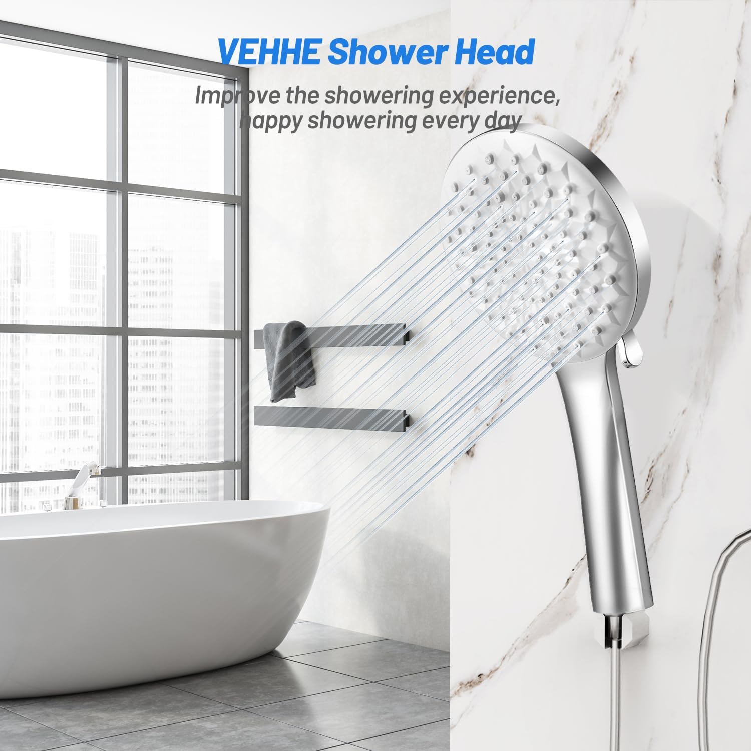 VEHHE Shower Head with 6 Spray Modes, Large Shower Head Round One-Hand Operation, Shower Head High Pressure with Anti-Clogging Silicone Nozzle, Universal Power Shower Head Handheld for Home Gym Spa-7