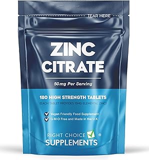 Zinc Citrate 50mg Tablets – 180 High Strength Vegan Tablets (6 Months Supply) – Highly Absorbable Zinc Supplements for Maintenance of Normal Immune System, Bones, Hair, Skin & Nails – Made in UK